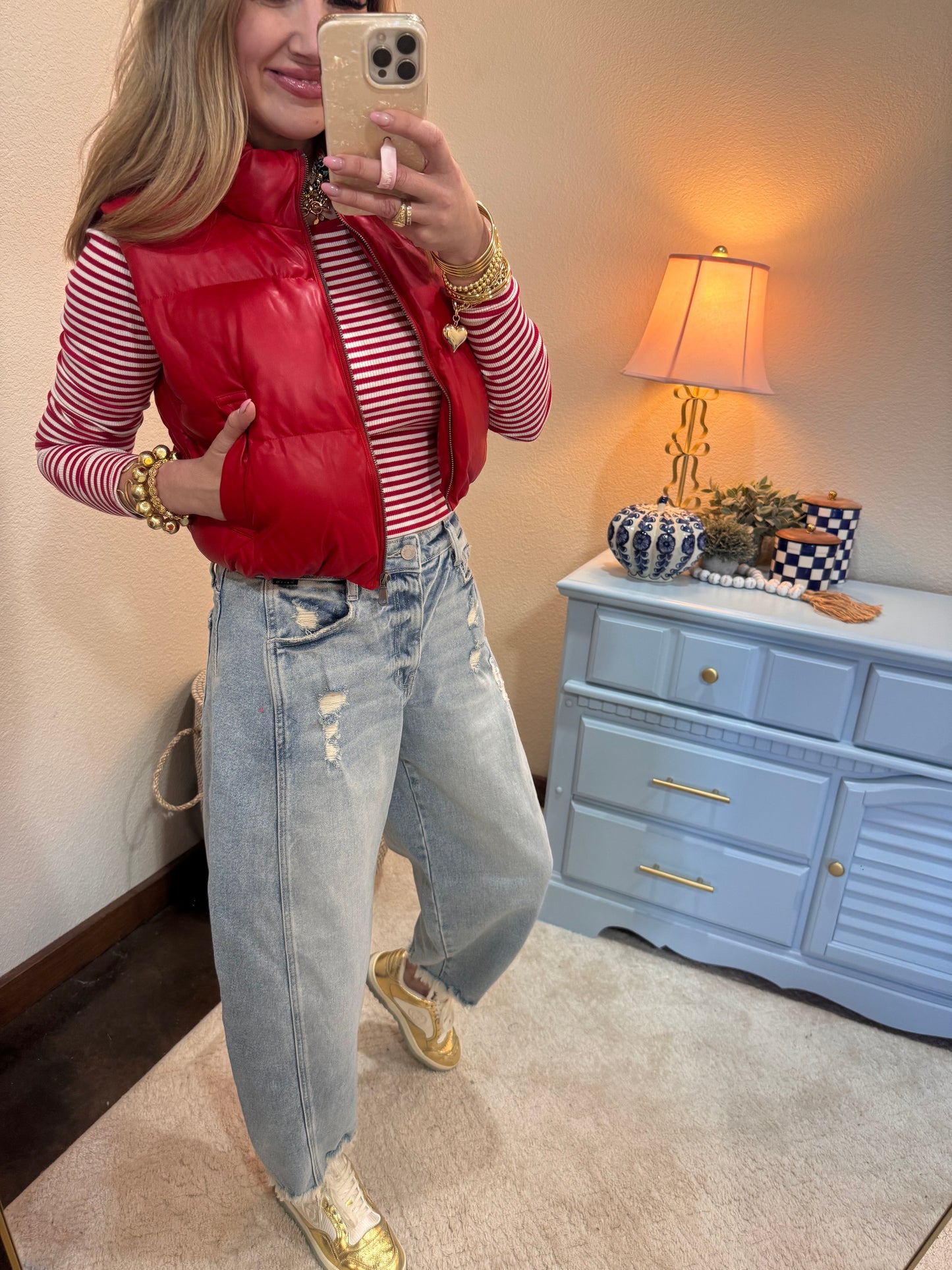 Red Faux Leather Puffer Vest
