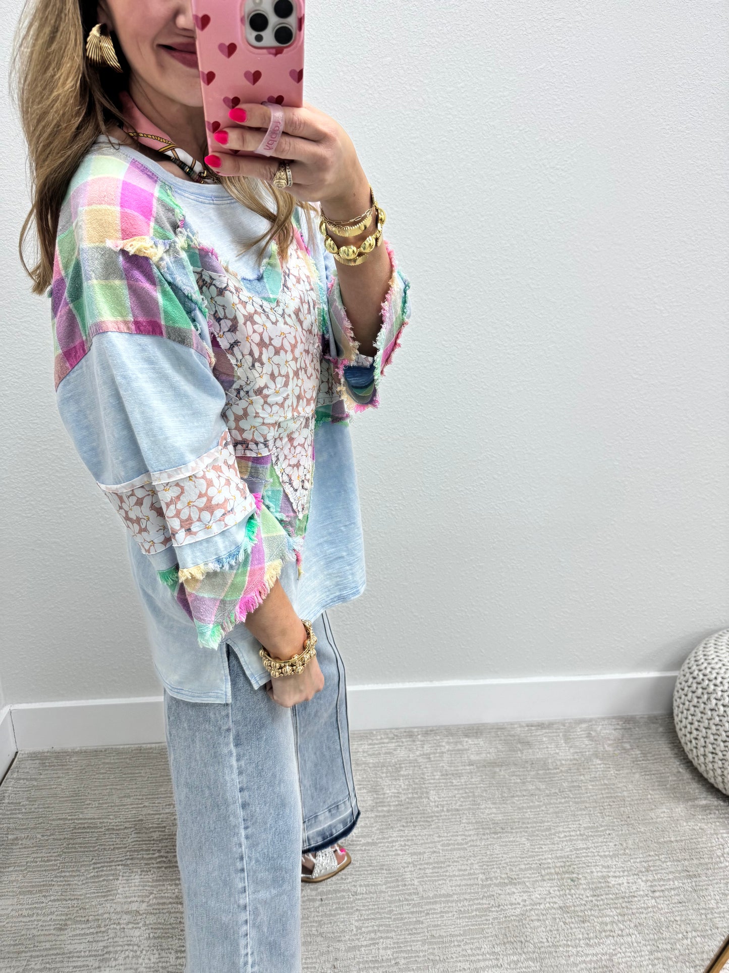 Sky Blue Star Detail Oversized 3/4 Sleeve Top