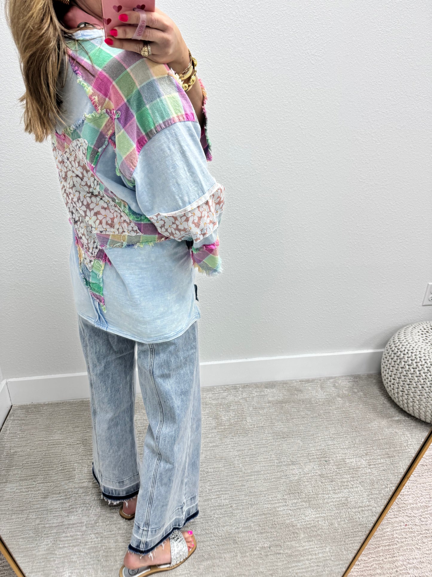Sky Blue Star Detail Oversized 3/4 Sleeve Top