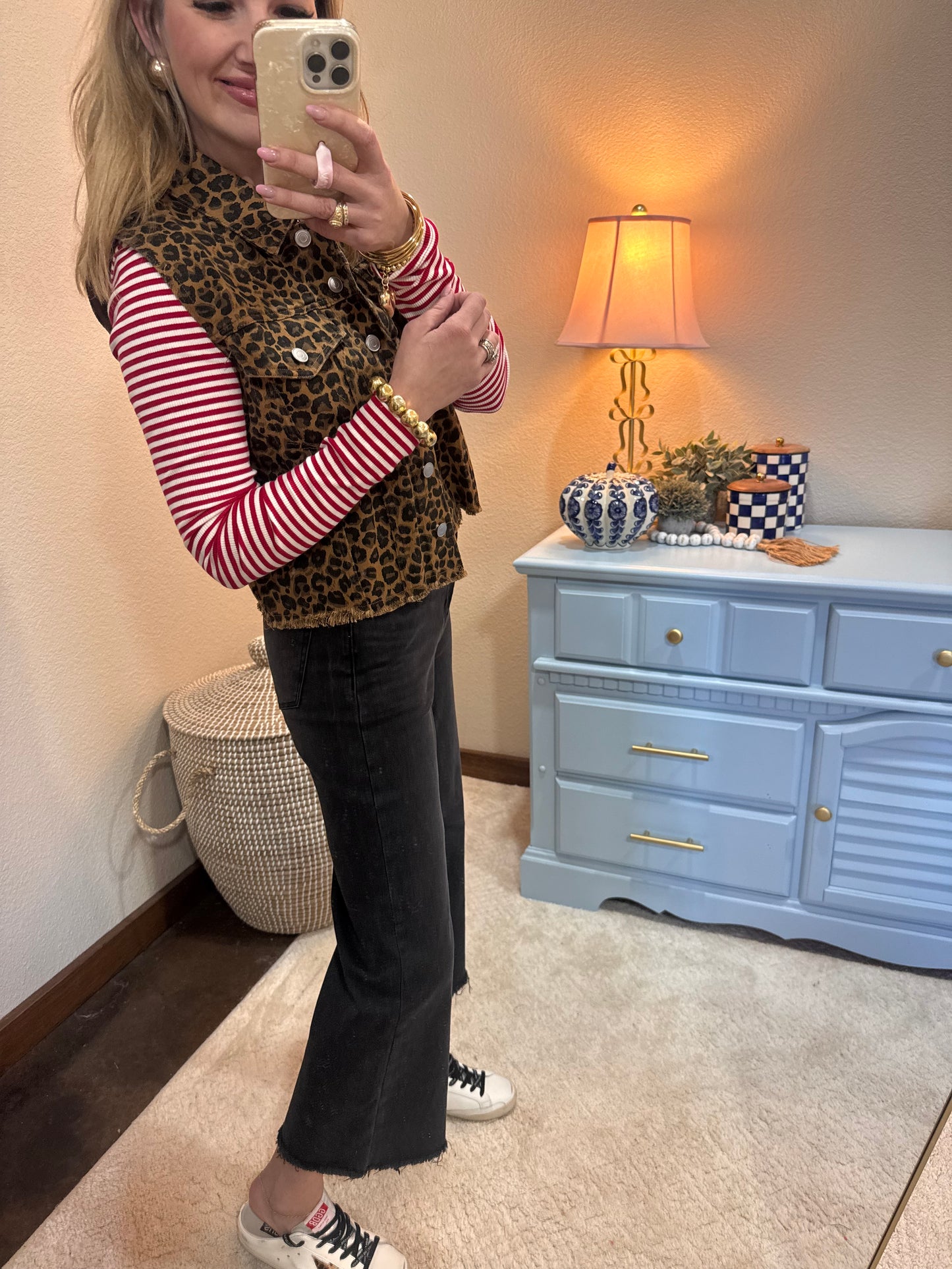 Camel Mix Leopard Printed Collared Casual Vest