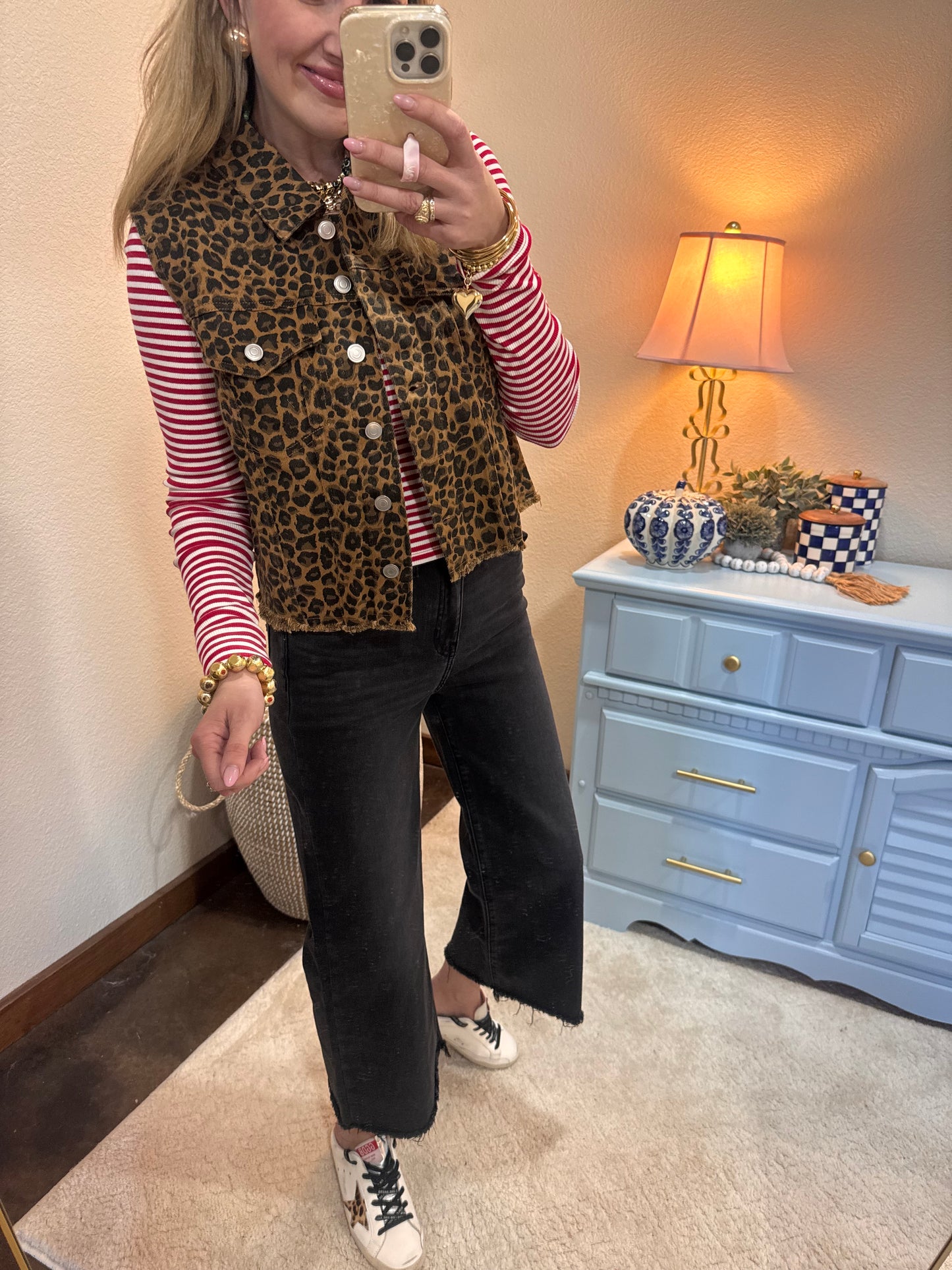 Camel Mix Leopard Printed Collared Casual Vest