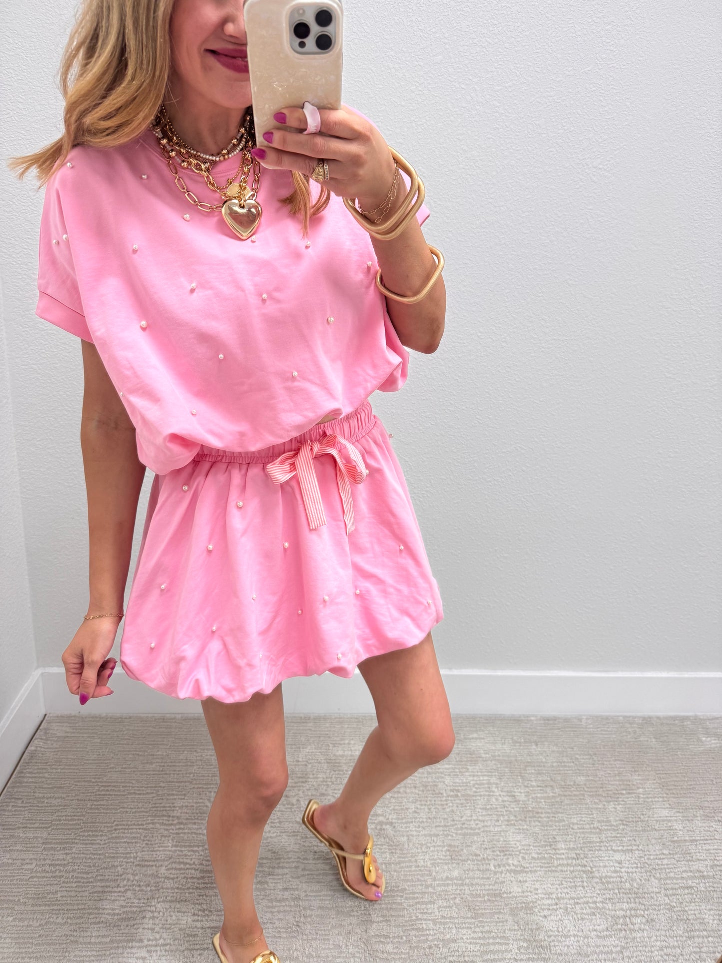 Pastel Pink Pearl Two Piece Skirt Set