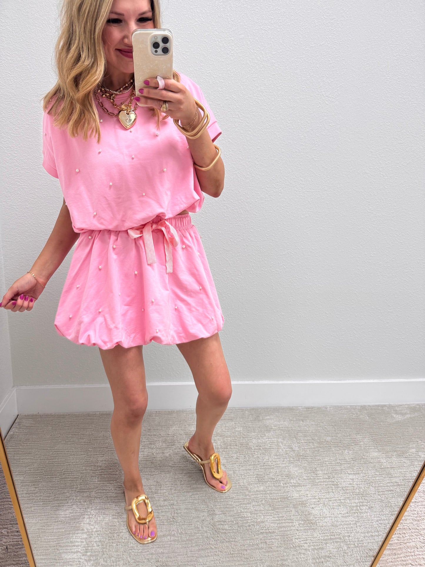 Pastel Pink Pearl Two Piece Skirt Set