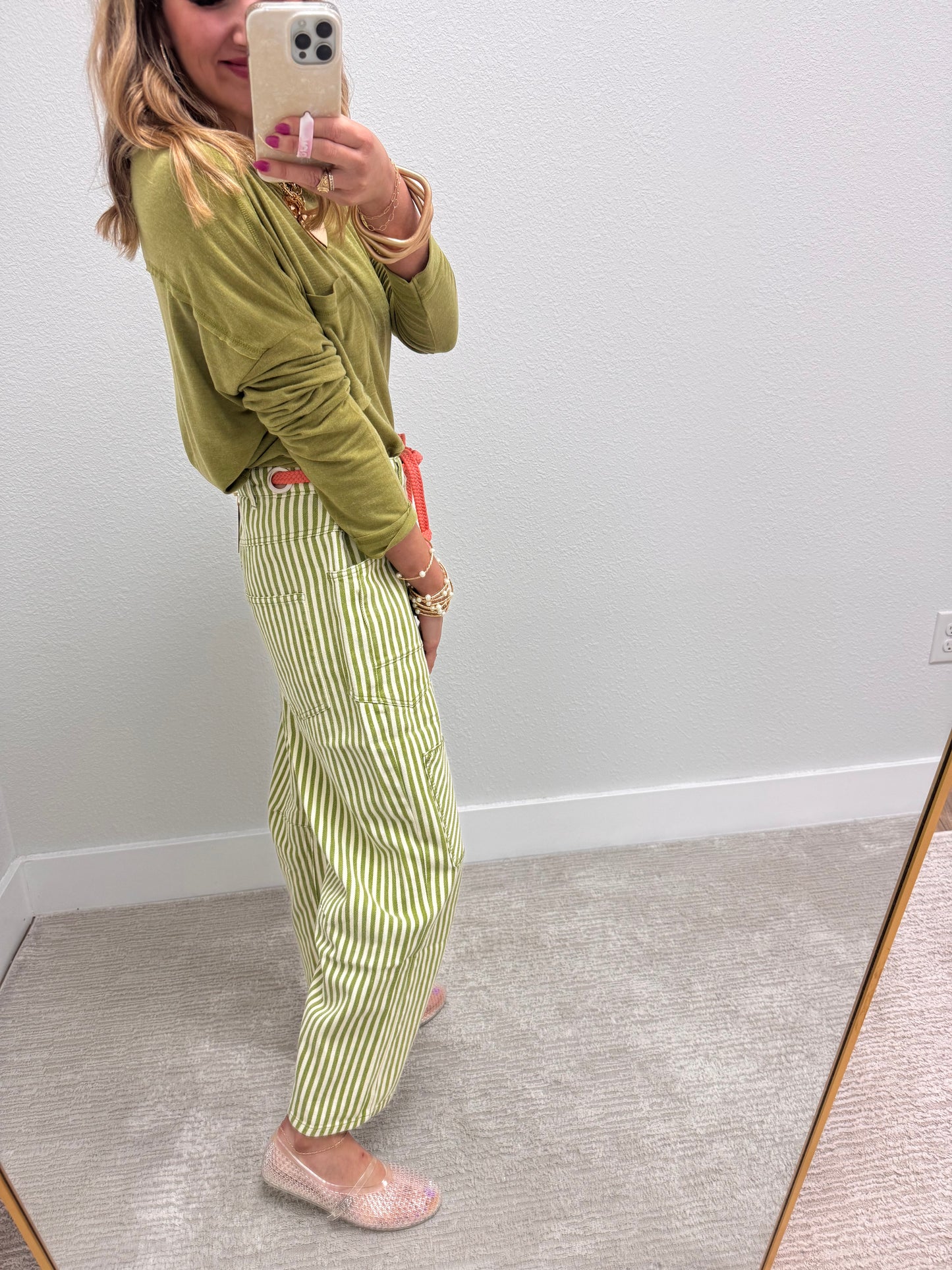 Lime Striped Twill Barrel Pants