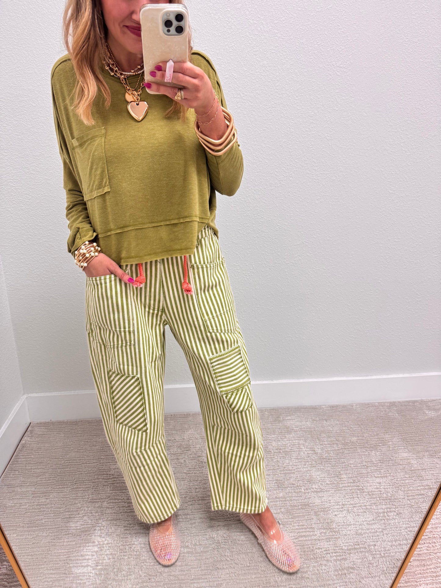 Lime Striped Twill Barrel Pants