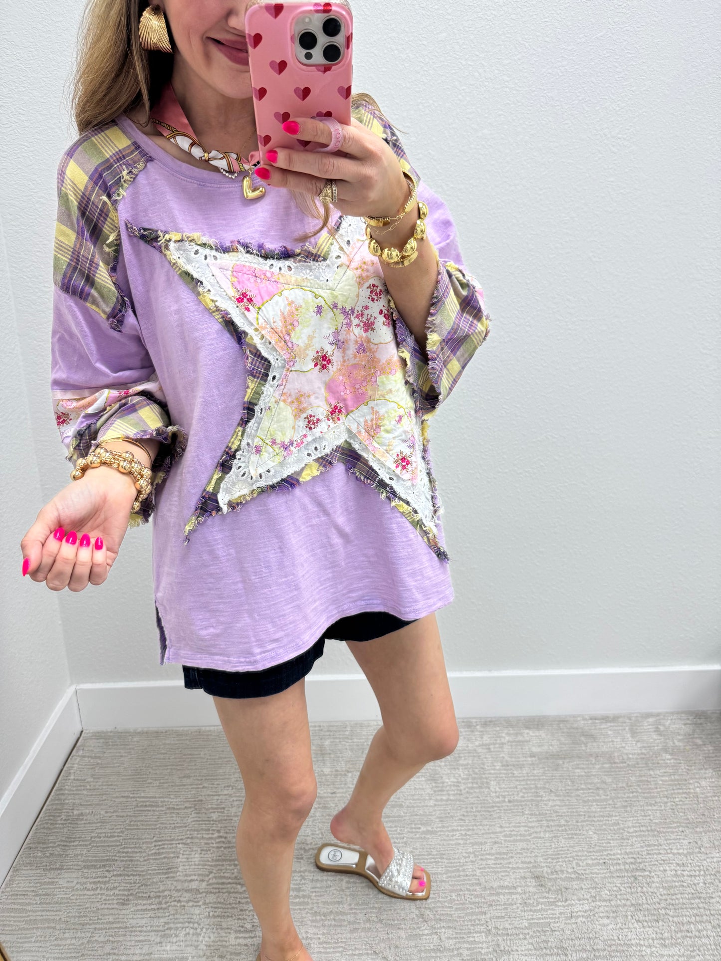 Lavender Star Detail Oversized 3/4 Sleeve Top FS