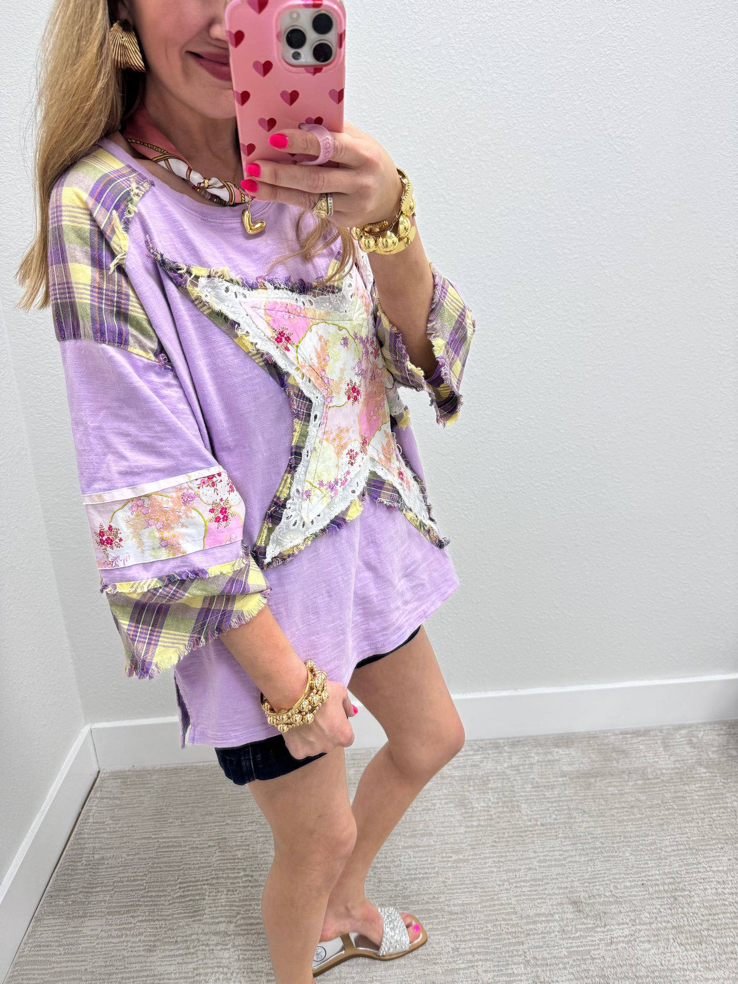 Lavender Star Detail Oversized 3/4 Sleeve Top FS
