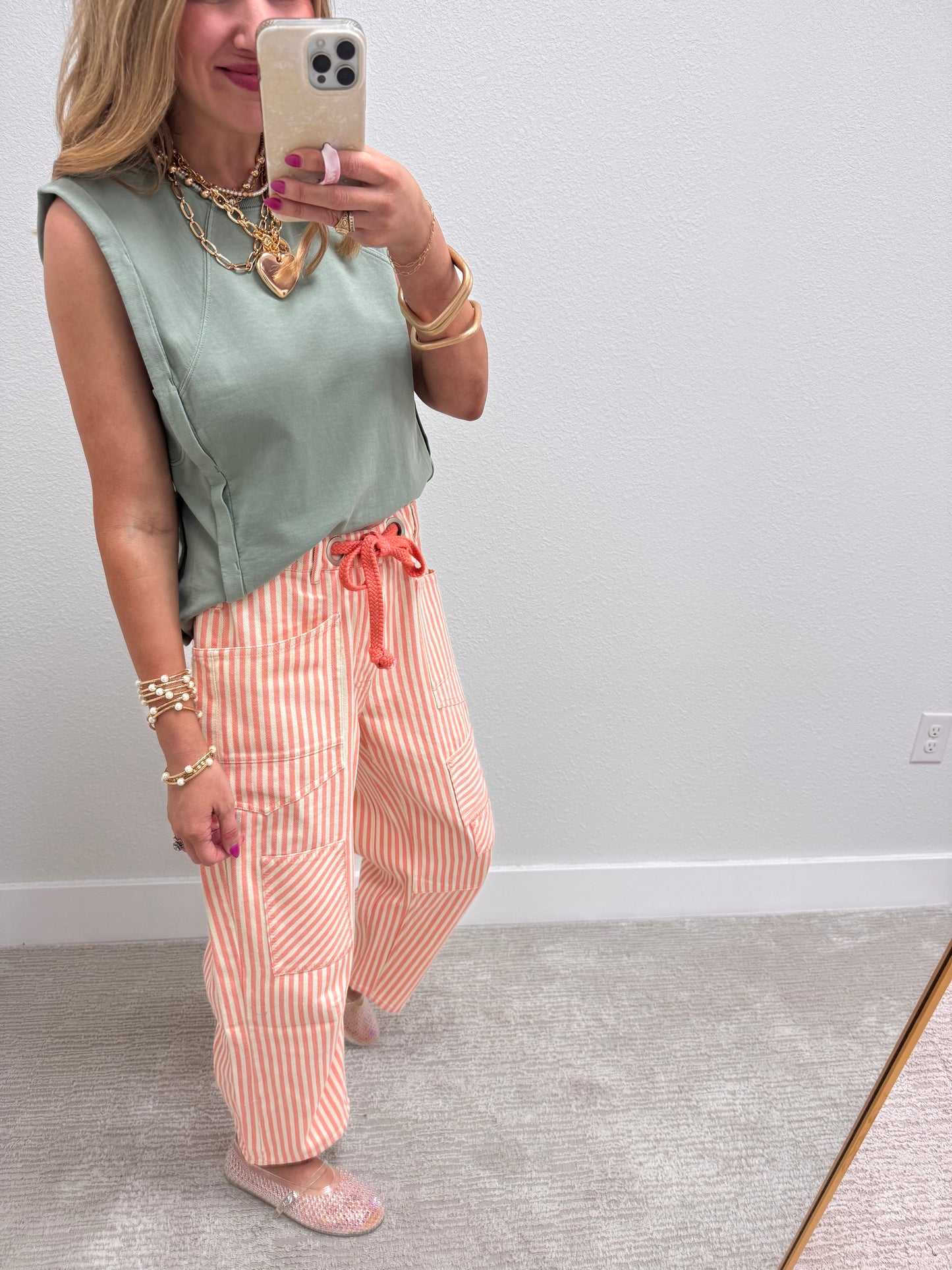 Coral Peach Striped Twill Barrel Pants