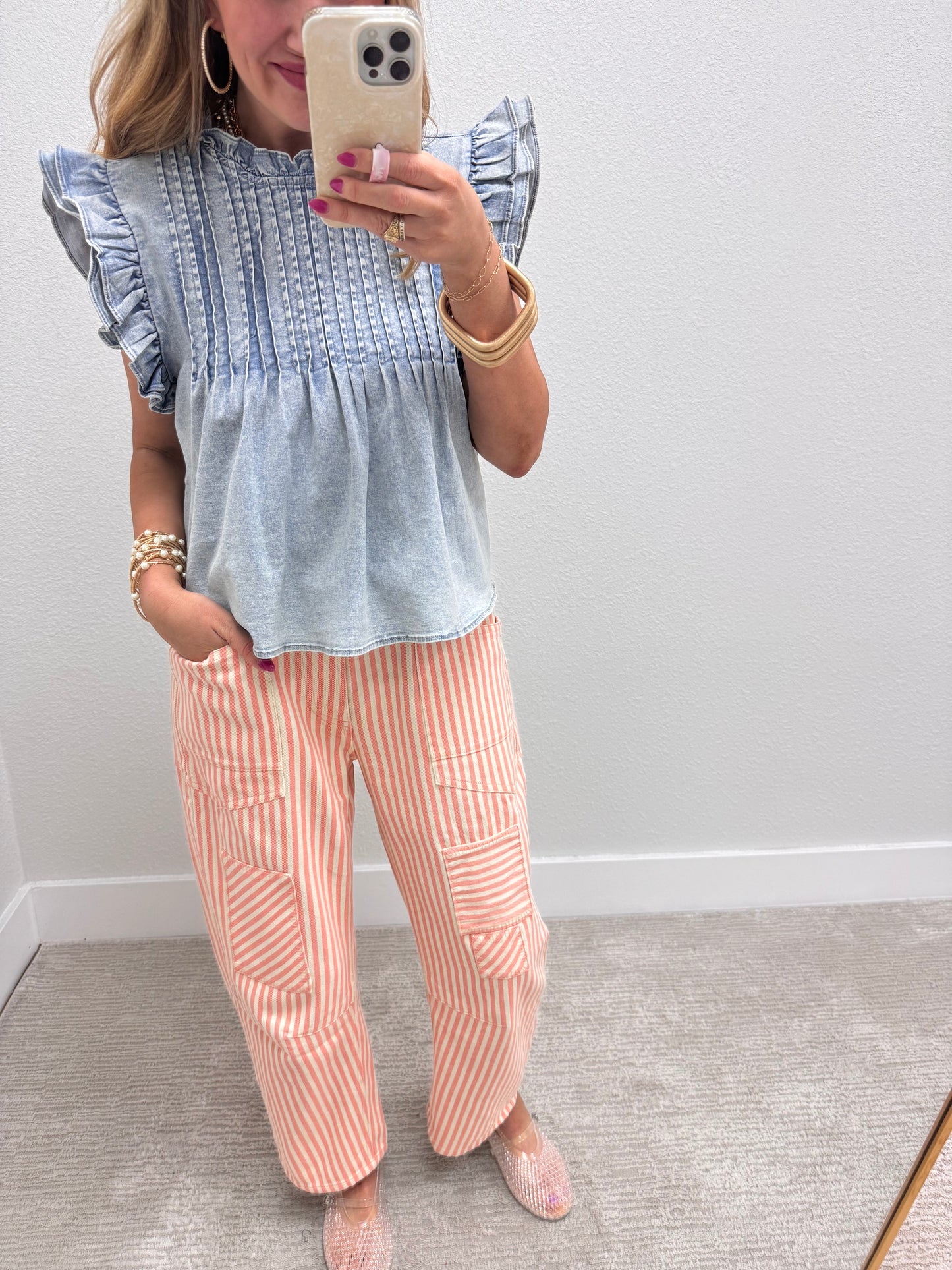 Coral Peach Striped Twill Barrel Pants