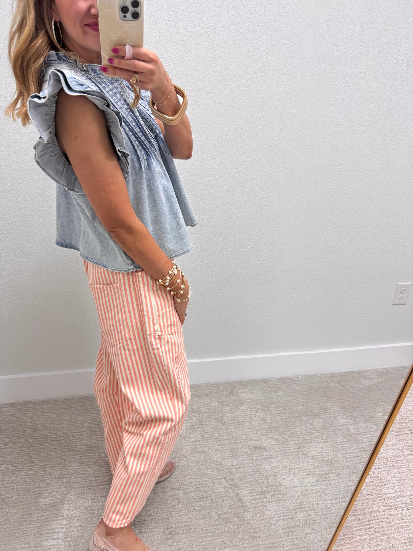 Mineral Washed Denim Pleated Front Top