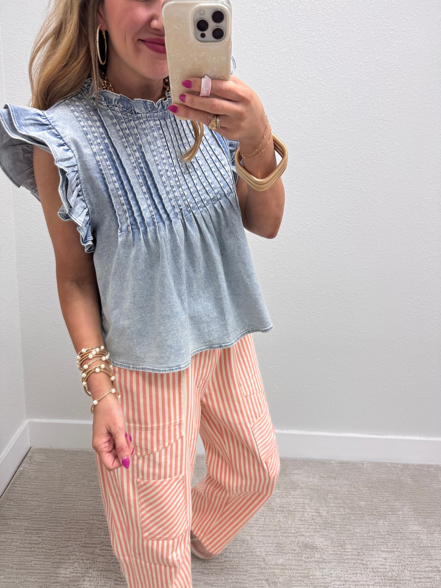 Mineral Washed Denim Pleated Front Top