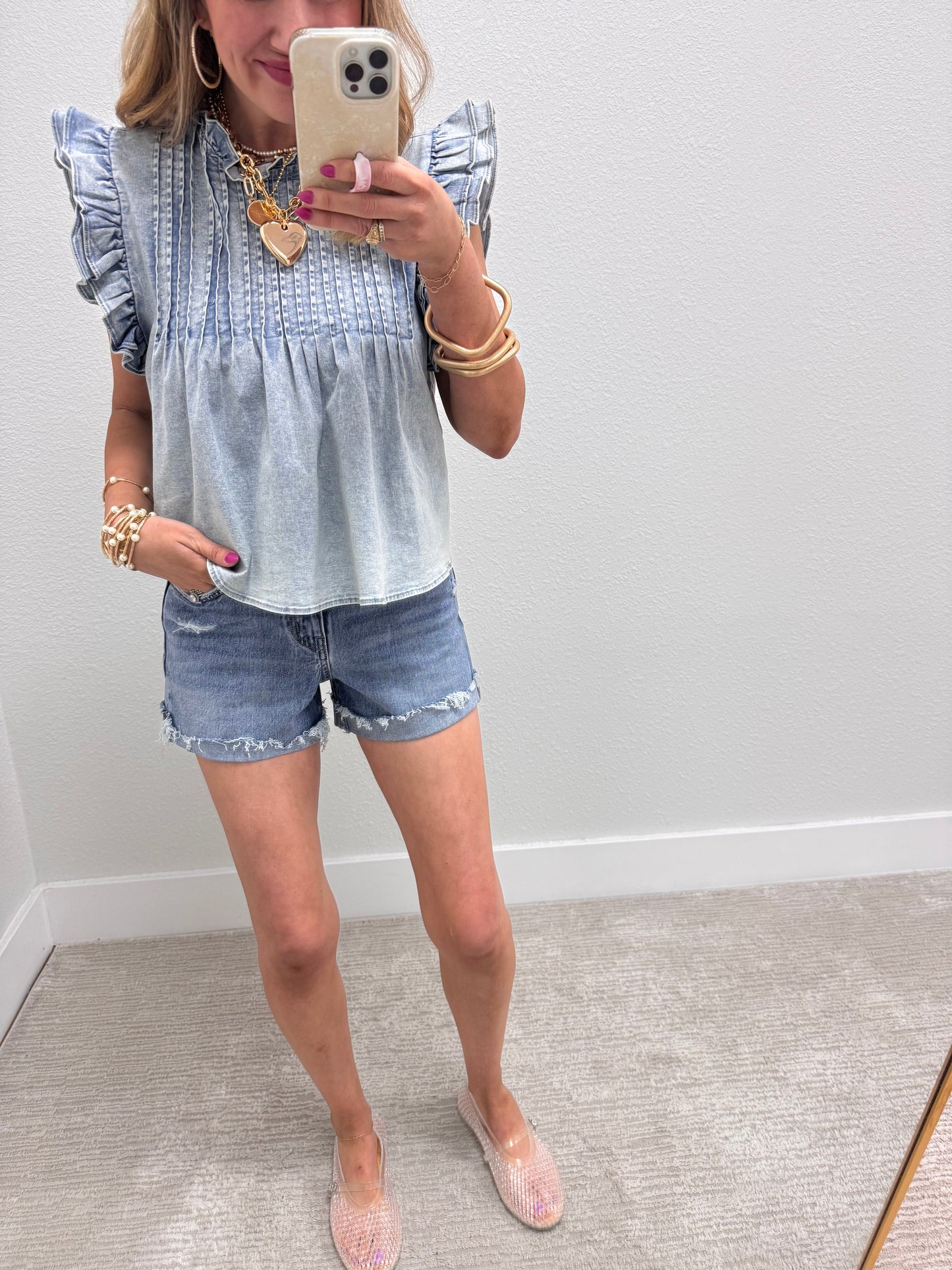Mineral Washed Denim Pleated Front Top