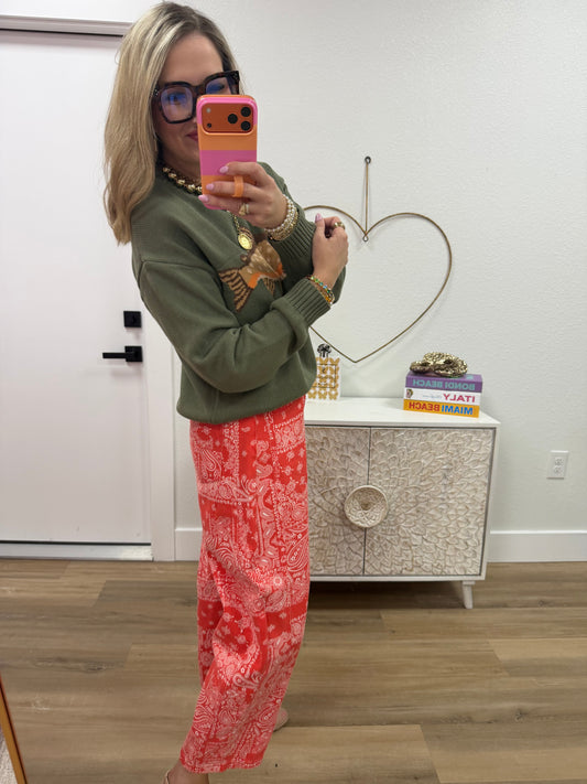 Red Bandana Print Barrel Pants