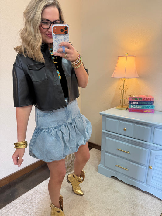 Black Faux Leather Crop Short Sleeve