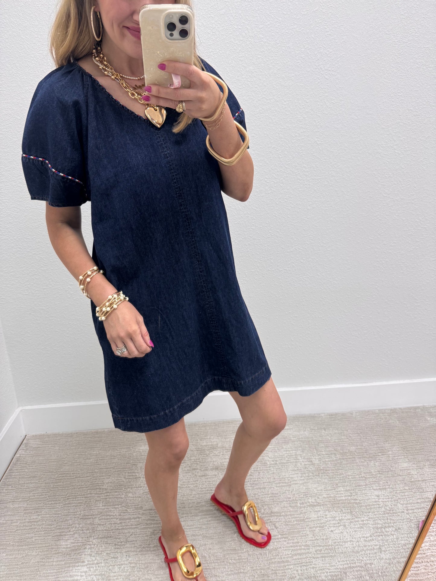 Dark Denim V-Neck Dress with Piping Detail FS