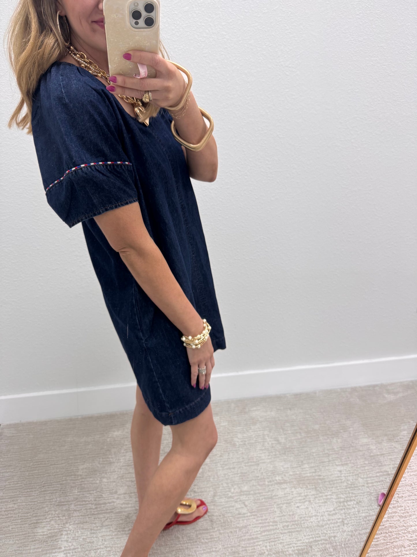 Dark Denim V-Neck Dress with Piping Detail FS