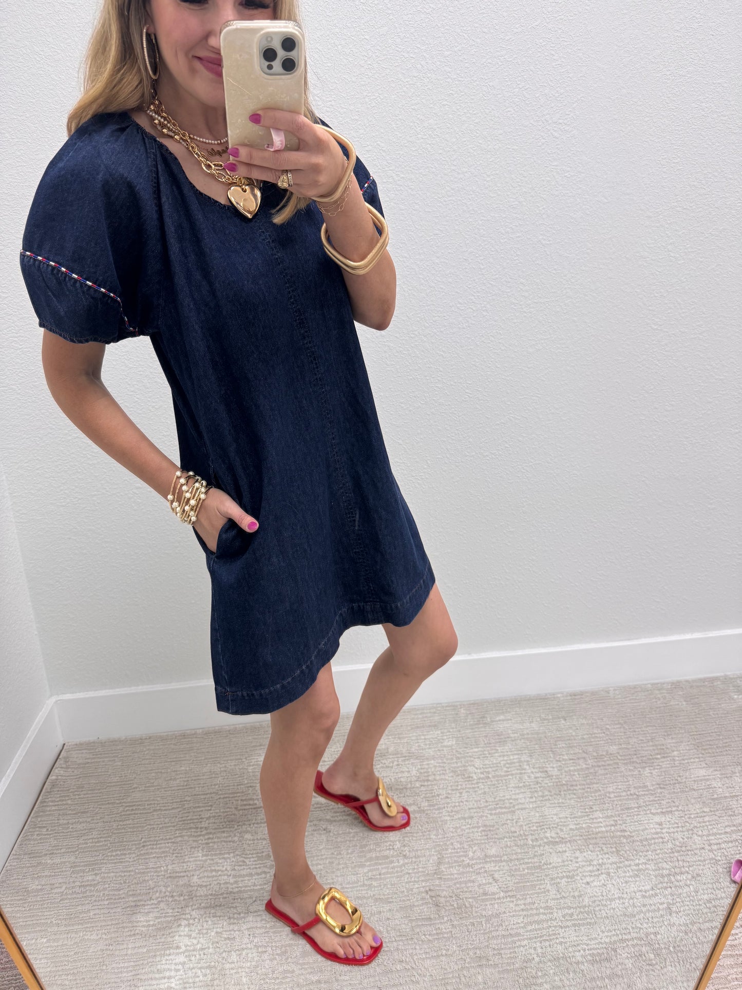 Dark Denim V-Neck Dress with Piping Detail FS