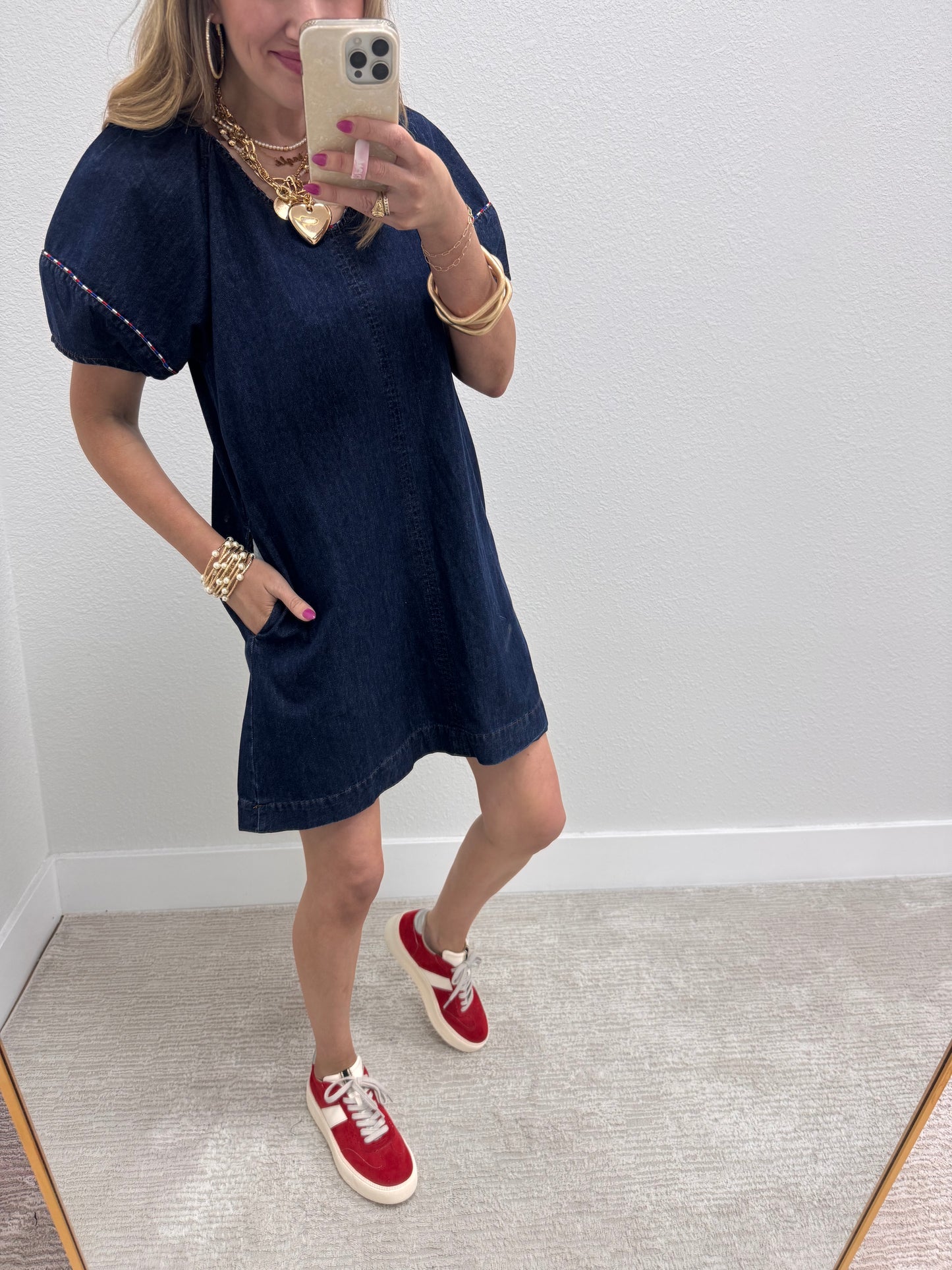 Dark Denim V-Neck Dress with Piping Detail FS