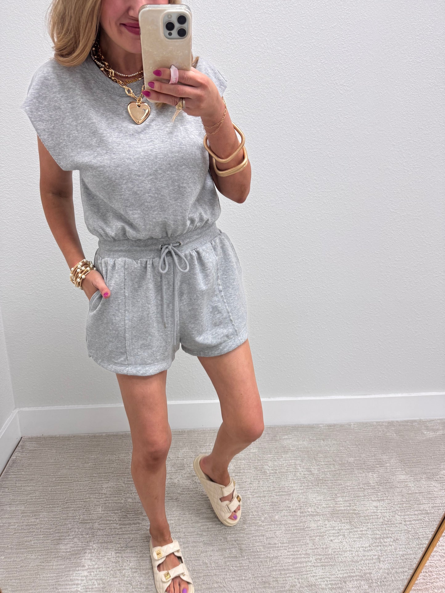Grey Open Back Romper with Drawstring Waist
