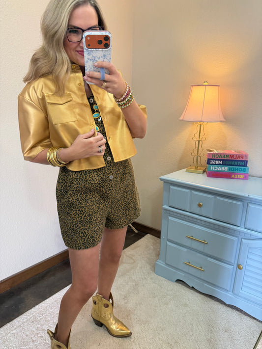 Gold Faux Leather Crop Short Sleeve