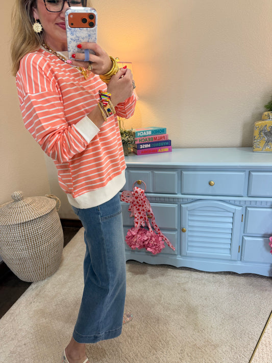 Coral Striped Pullover Dorito Neck Stitched Top