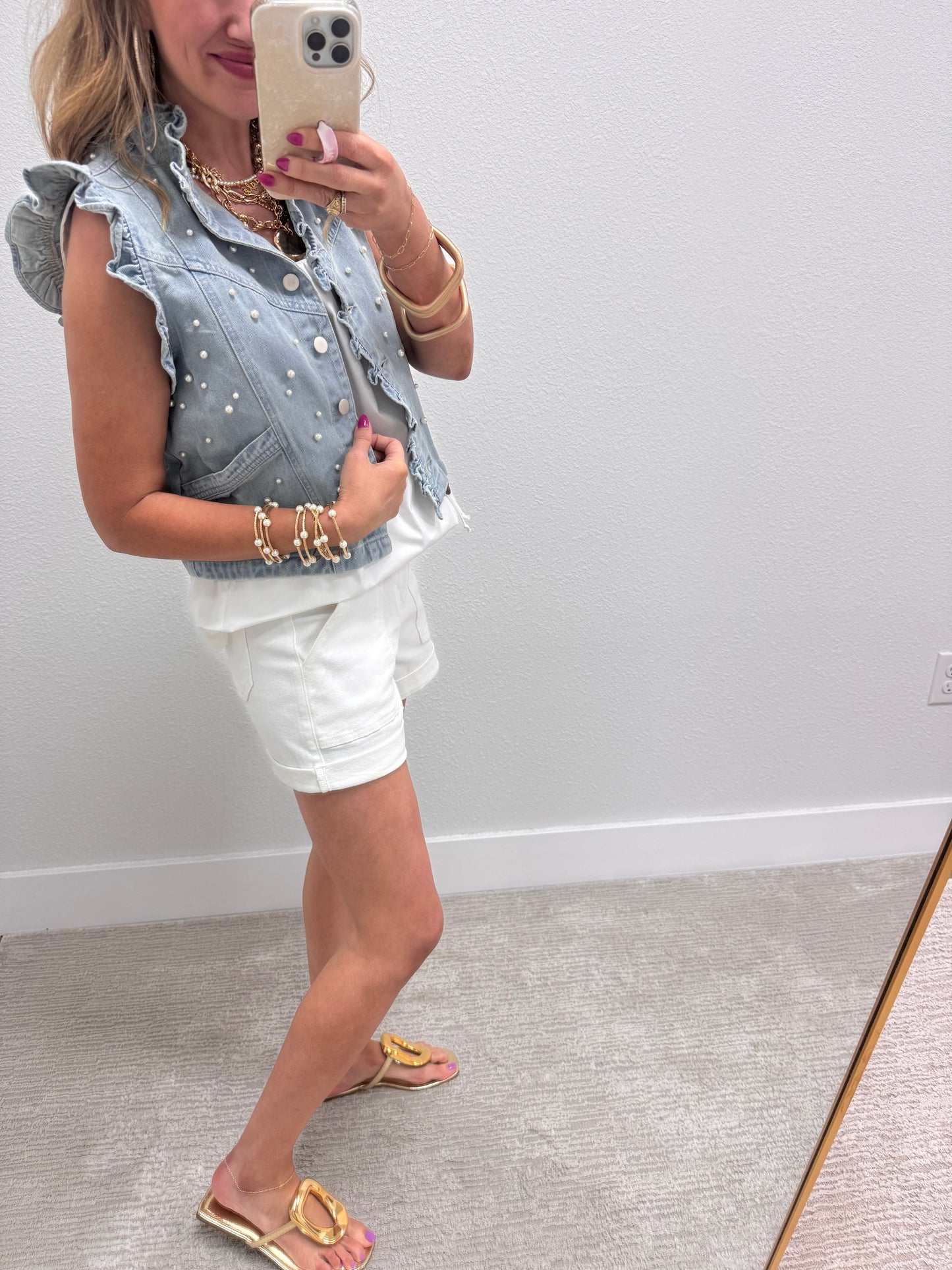 Pearl Detail Washed Denim Crop Vest with Ruffle