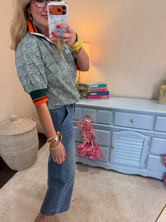 Green Striped Rib-Knit Half Zip Printed Top