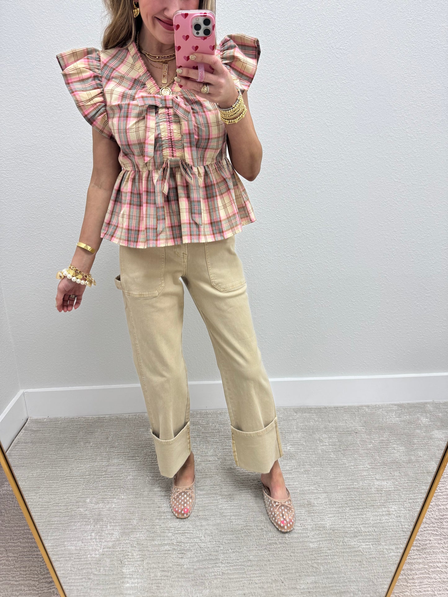 Risen Latte High Rise Wide Straight Turn Up Cuff Pants