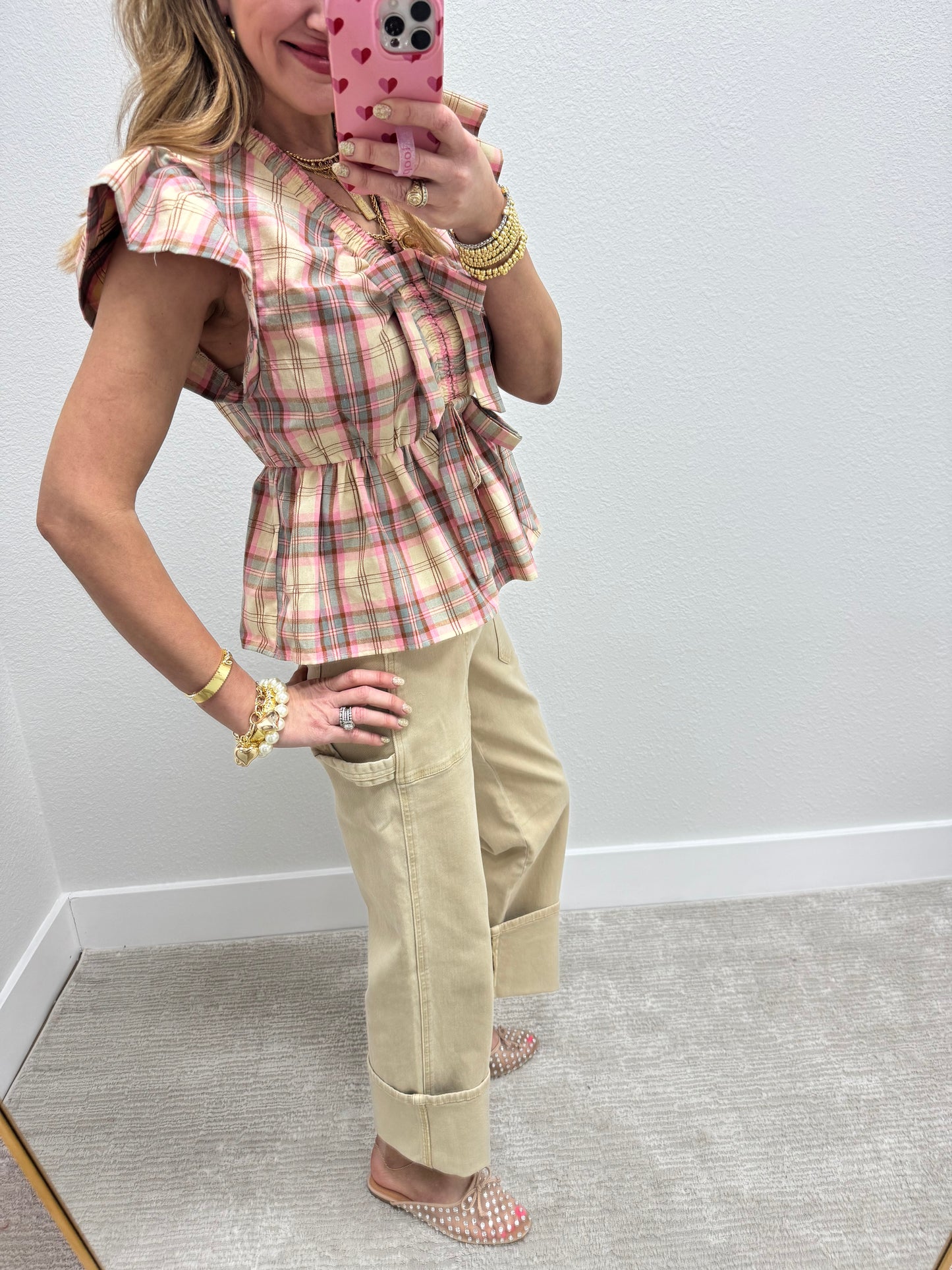 Risen Latte High Rise Wide Straight Turn Up Cuff Pants