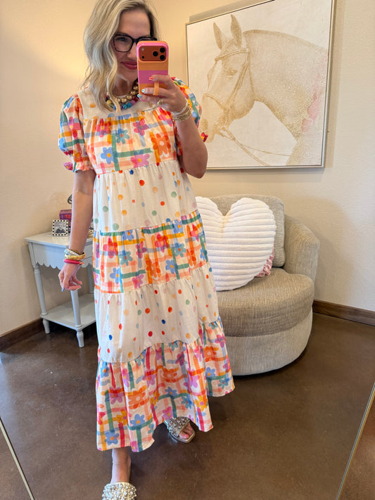 Pastel Plaid With Dots & Flowers Maxi Dress
