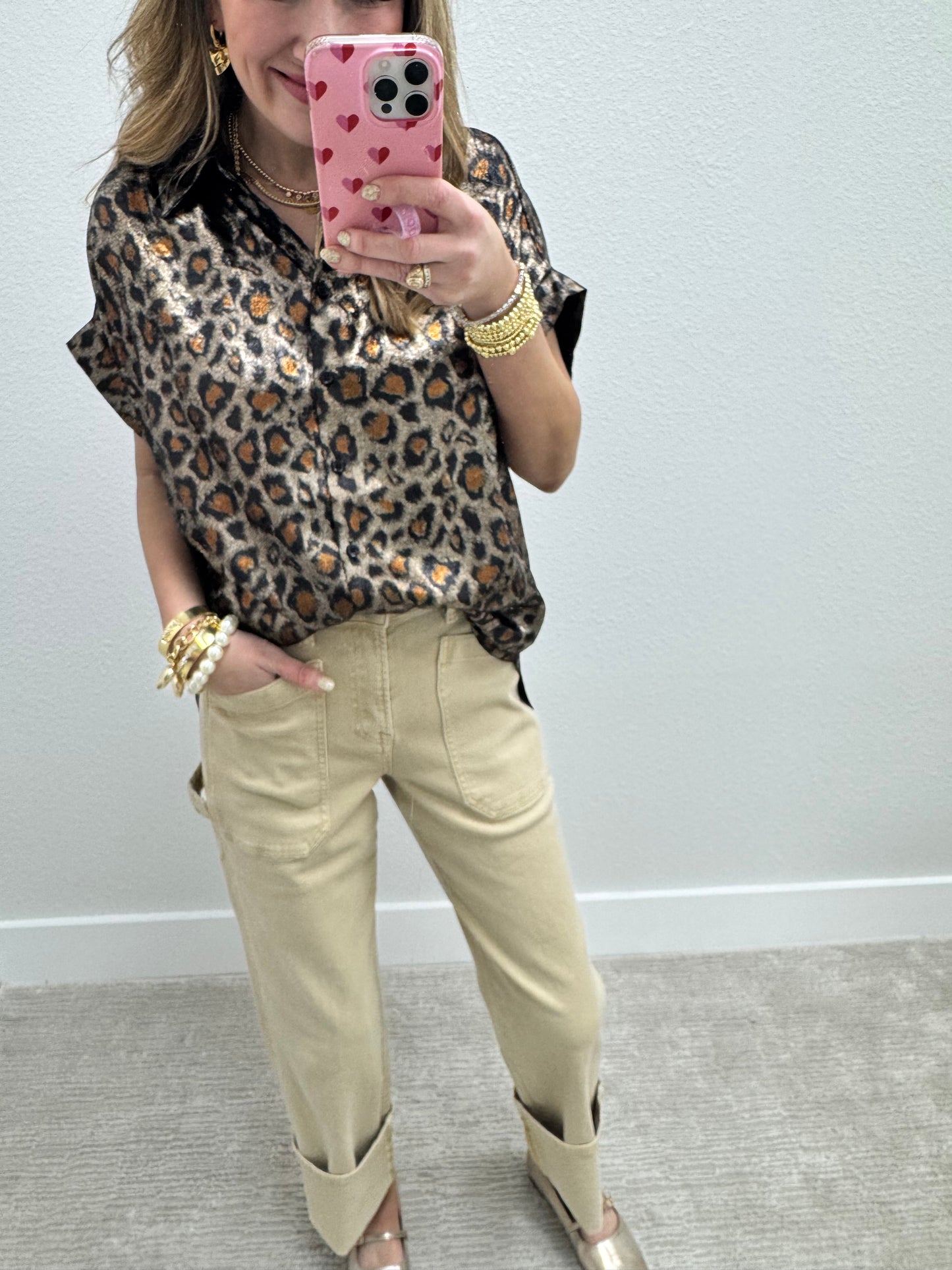 Risen Latte High Rise Wide Straight Turn Up Cuff Pants