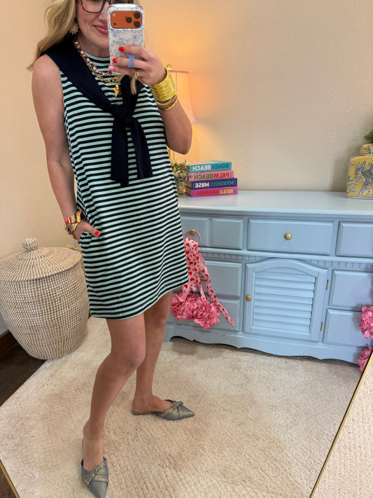 Navy Striped Shoulder Look Dress
