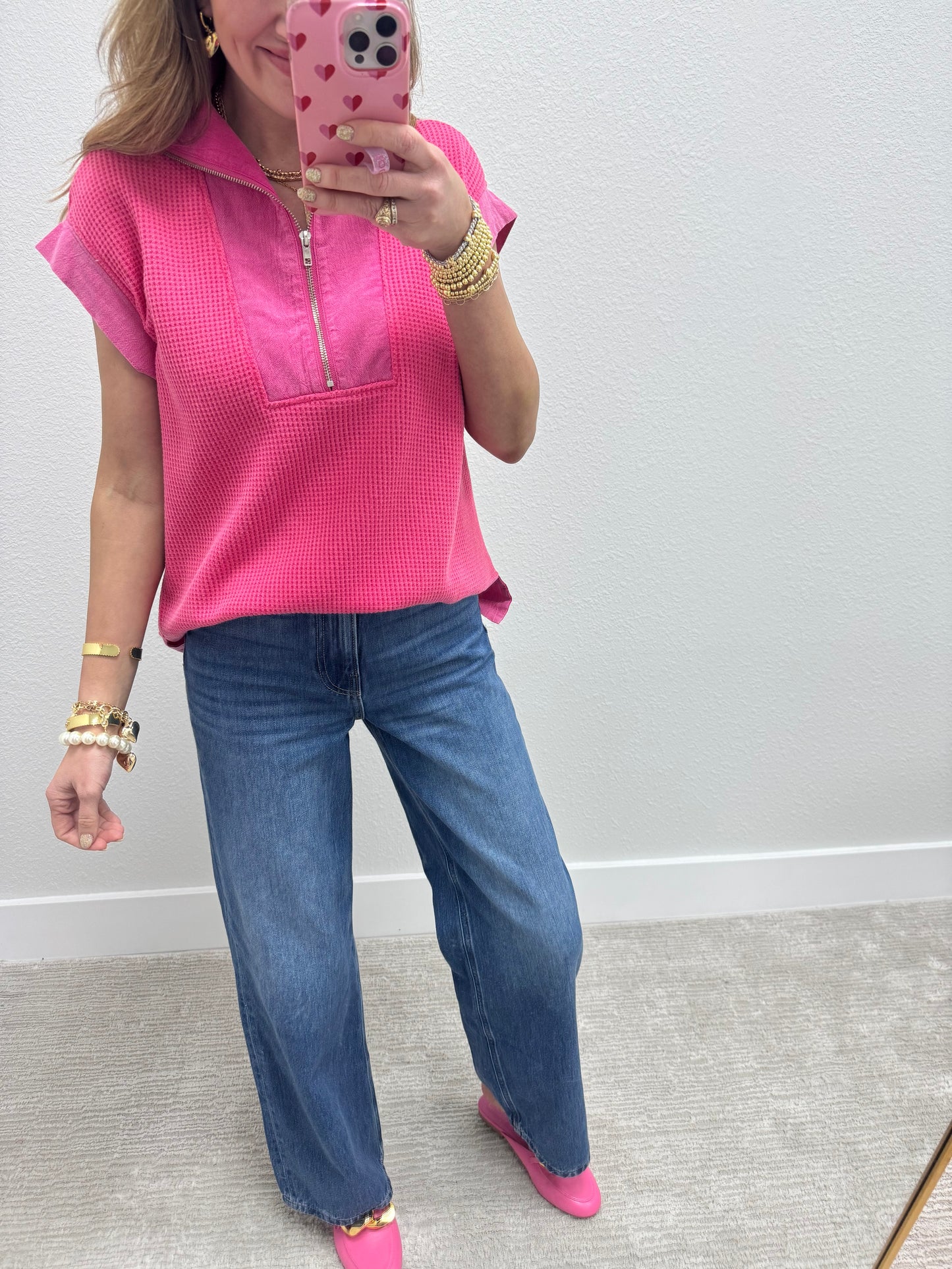 Hot Pink Waffle 3/4 Zip Tank Top