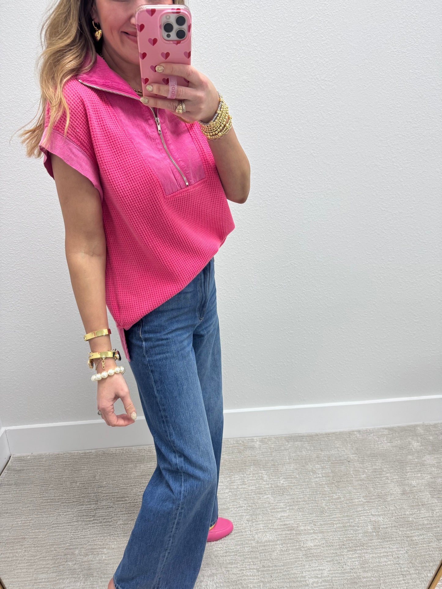 Hot Pink Waffle 3/4 Zip Tank Top
