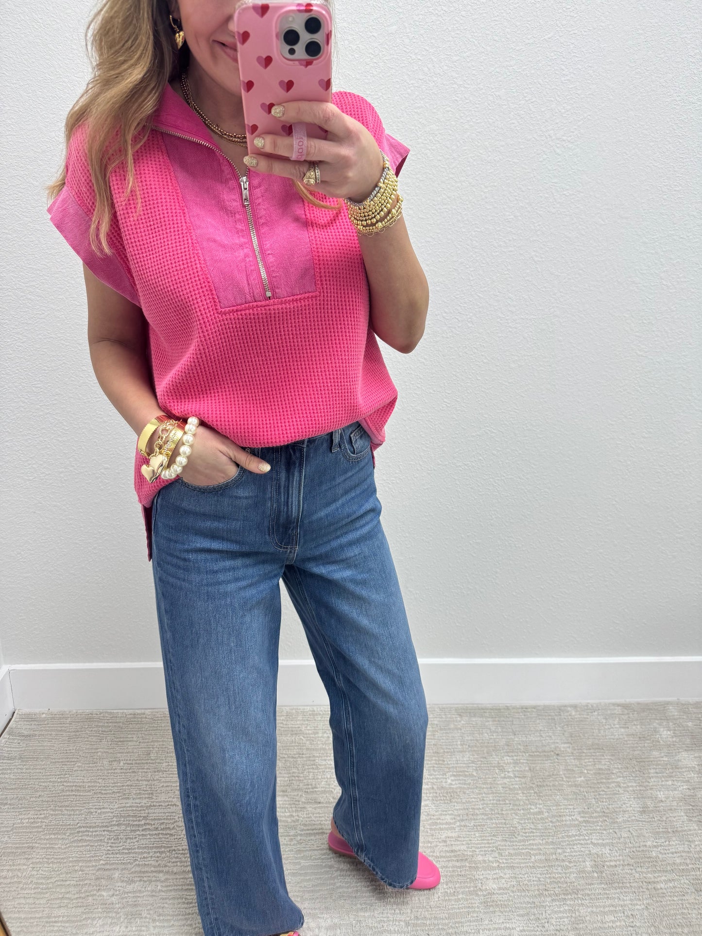 Hot Pink Waffle 3/4 Zip Tank Top