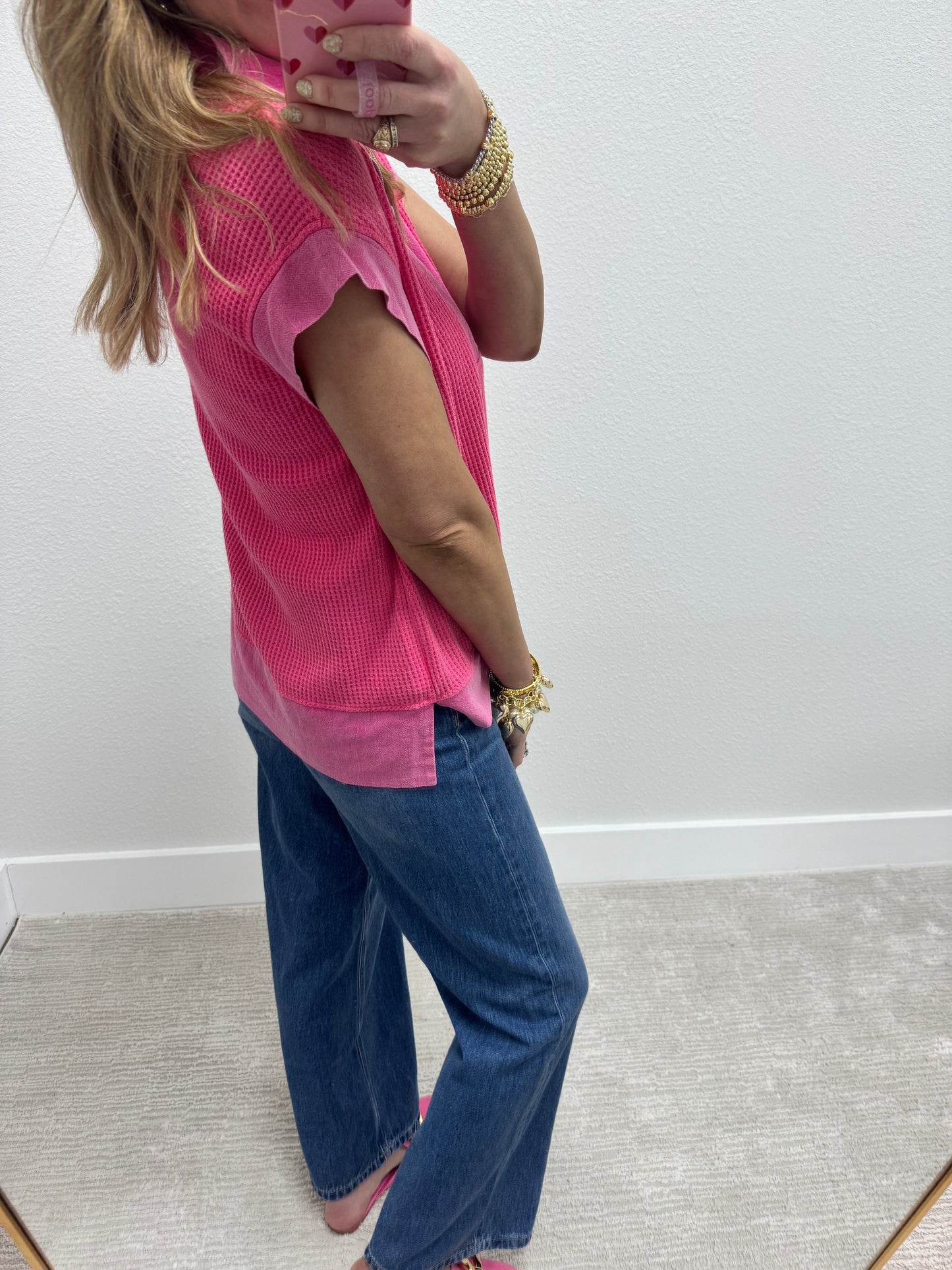 Hot Pink Waffle 3/4 Zip Tank Top