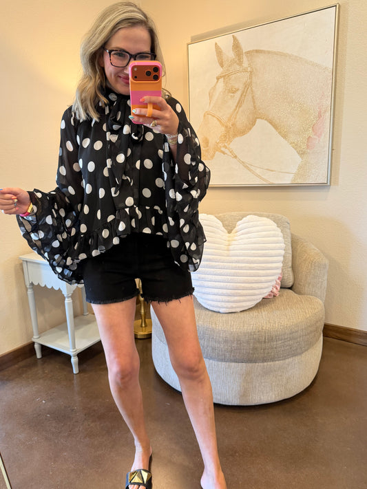 Polka Dot Sheer Chiffon Ruffle Blouse: Black White