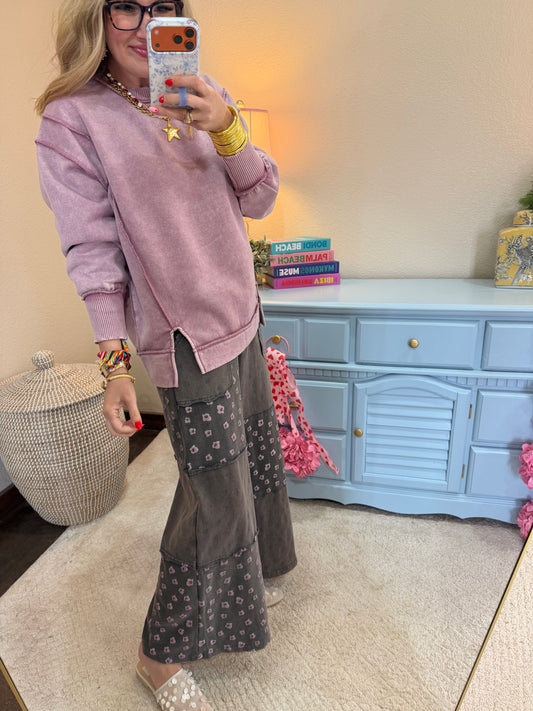 Light Plum Acid Wash Exposed-seam Fleece Sweatshirt