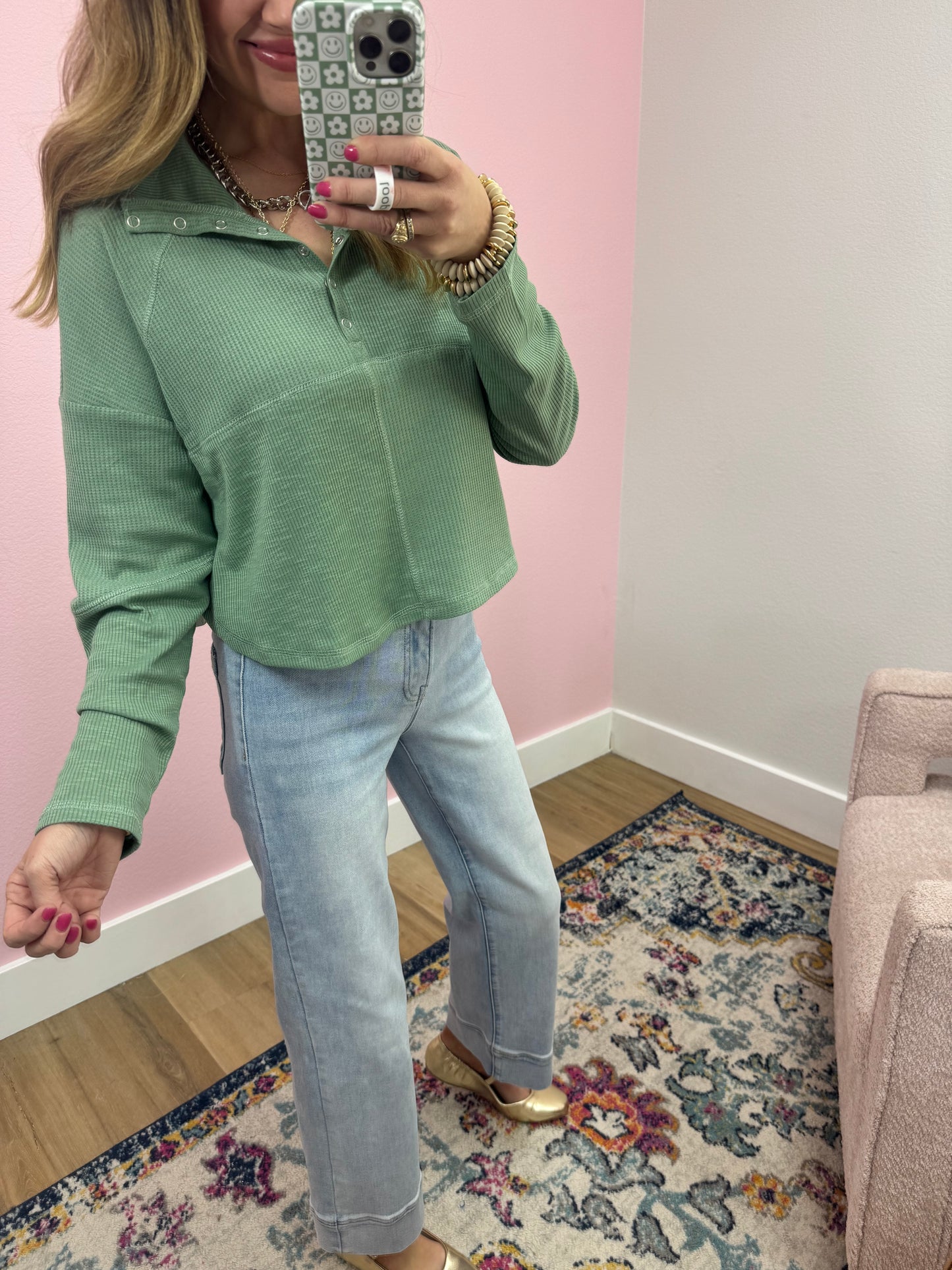 Sage Knit Henley Button Long Sleeve Top