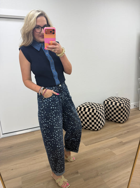 Navy Collared Denim Gathered Bottom Top