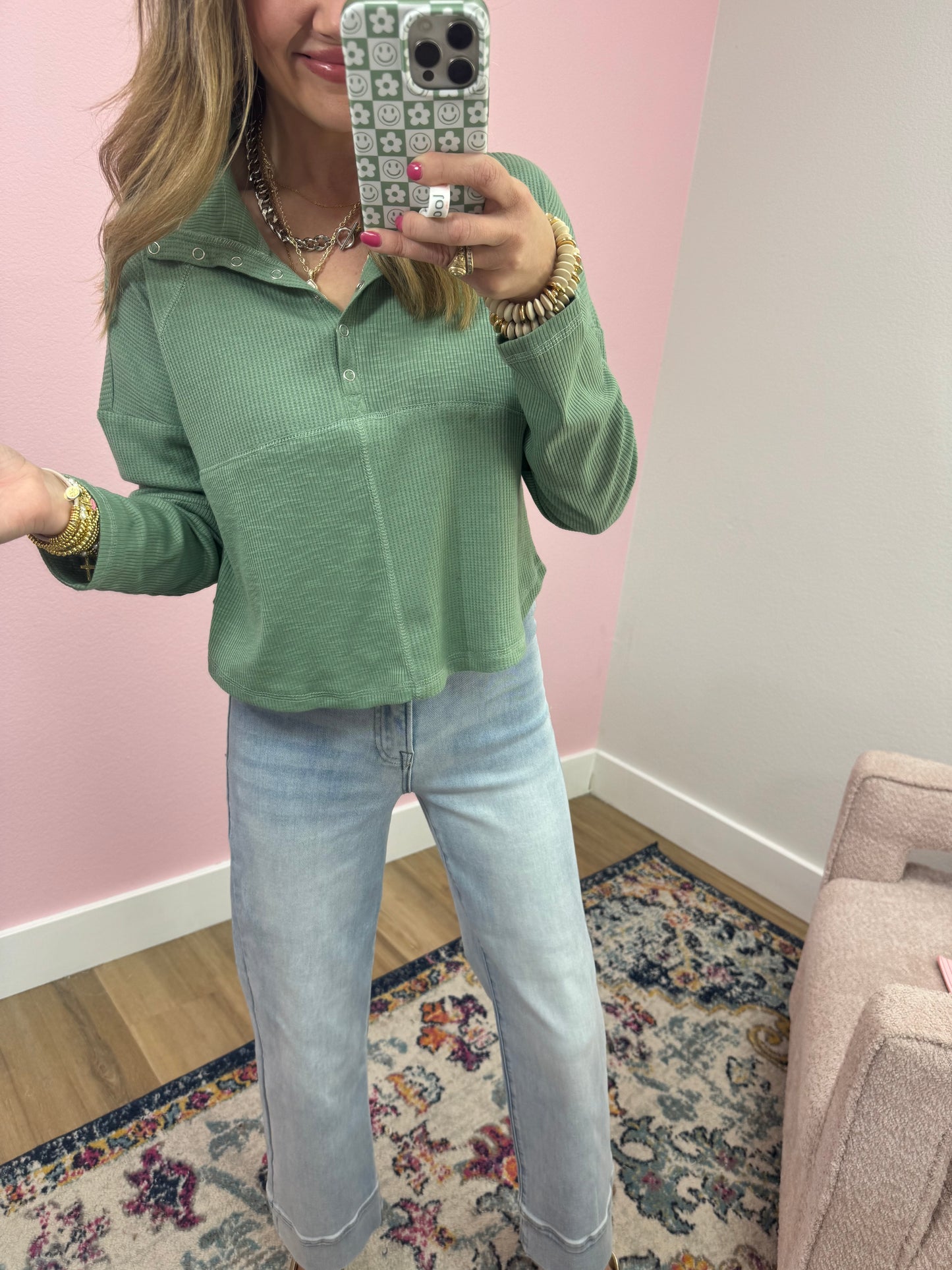 Sage Knit Henley Button Long Sleeve Top