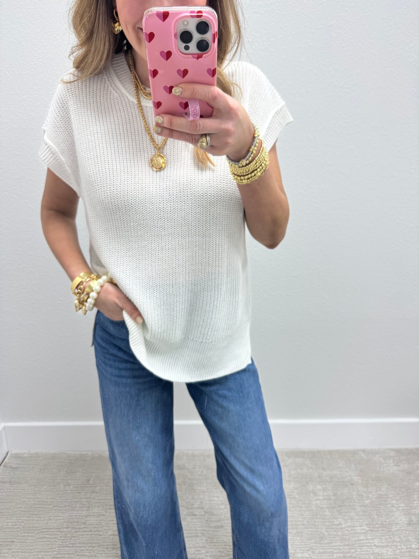 White Knit Short Sleeve Top