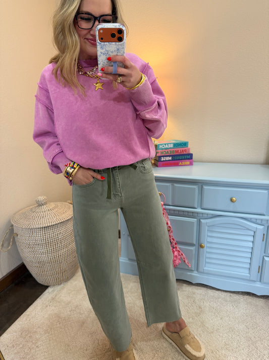 Mauve Acid Wash Exposed-seam Fleece Sweatshirt