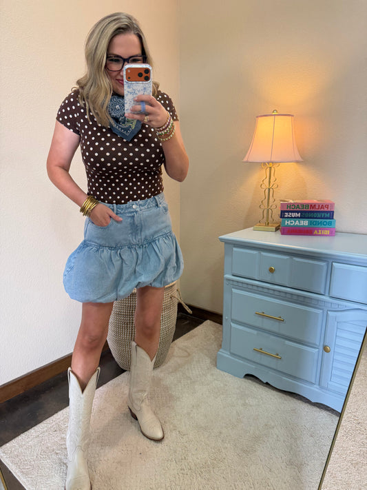Brown Fitted Polka Dot Short Sleeve Crew Neck Top