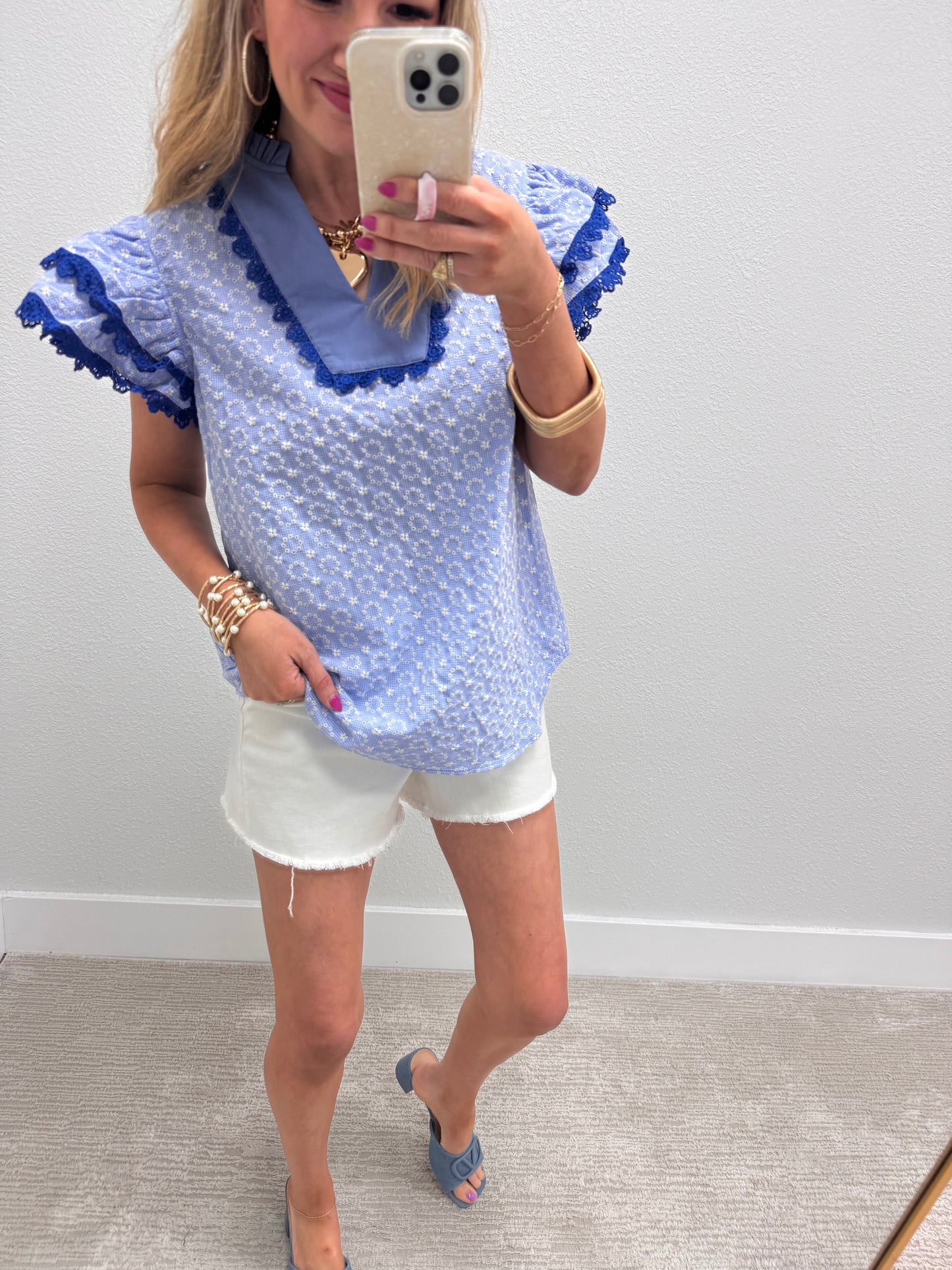 Blue Eyelet Flutter Sleeve Blouse