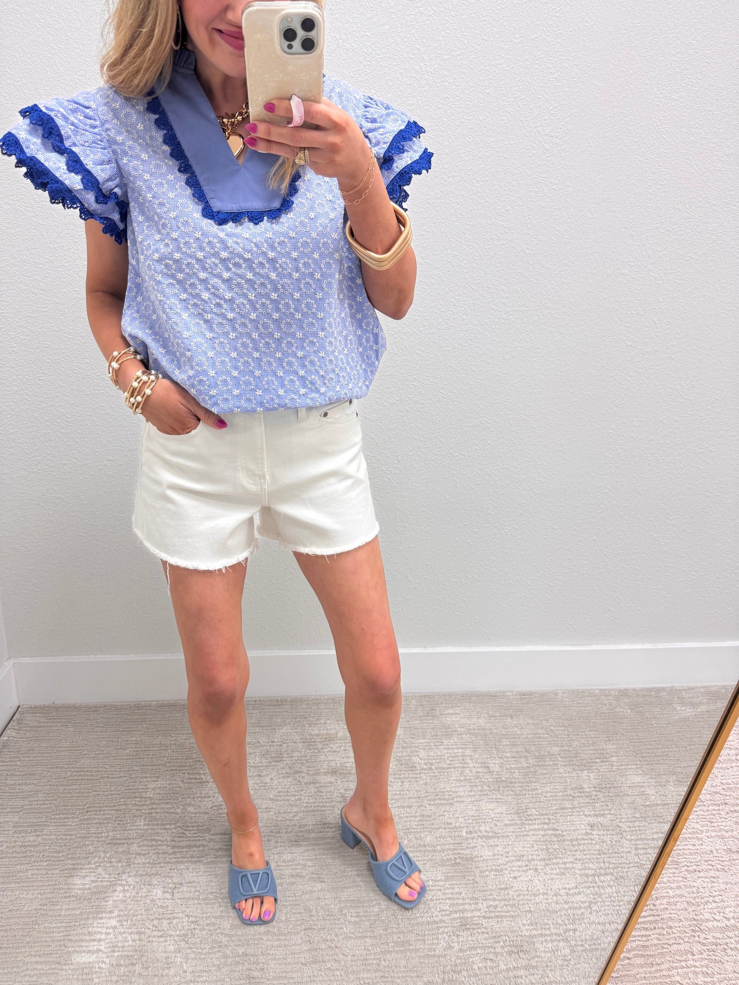 Blue Eyelet Flutter Sleeve Blouse