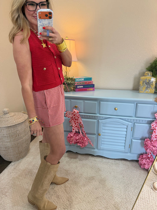 Red Textured Button-front Vest With Pocket