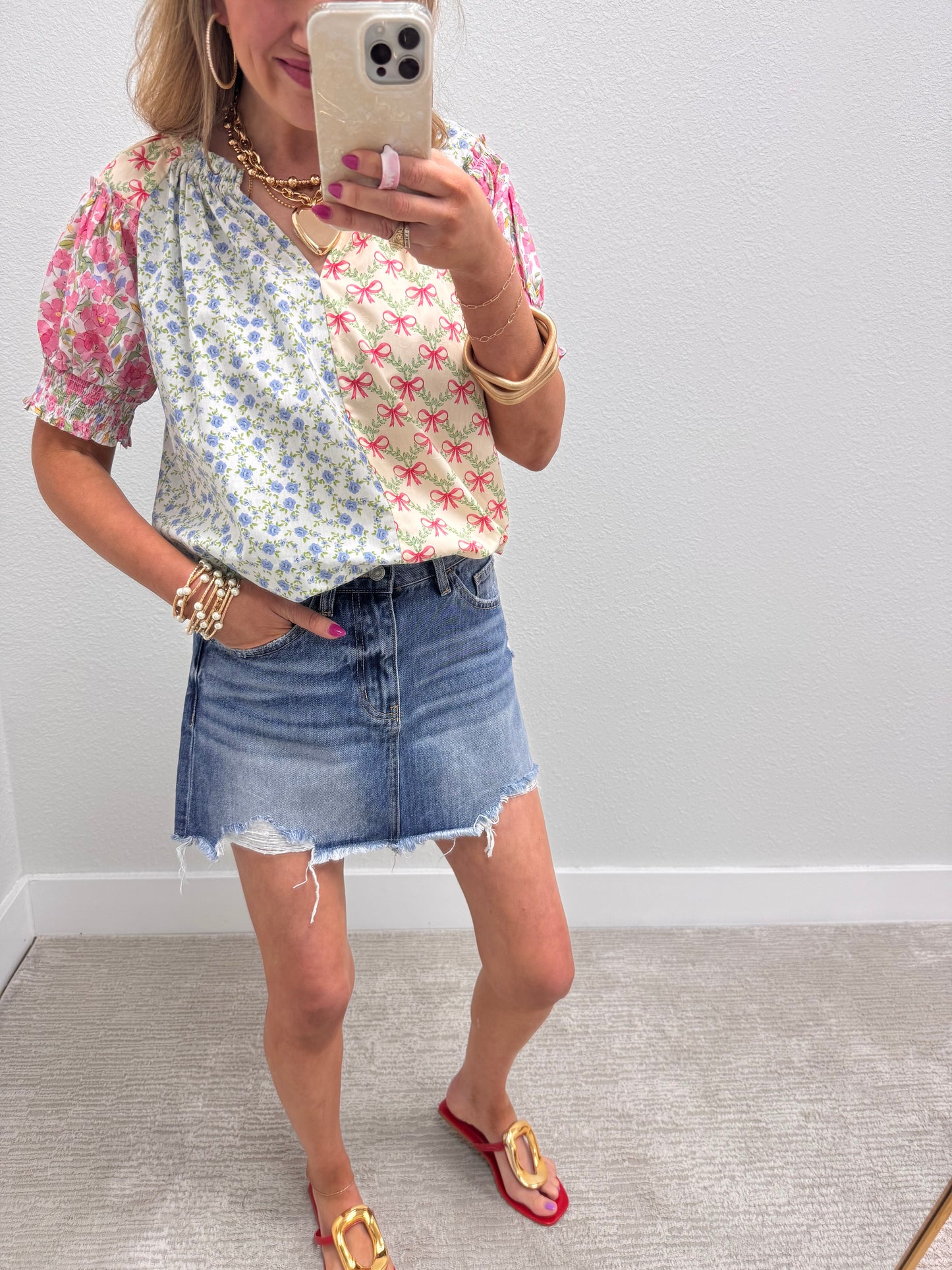 Floral and Bow Prints Mixed Puff Sleeve Top