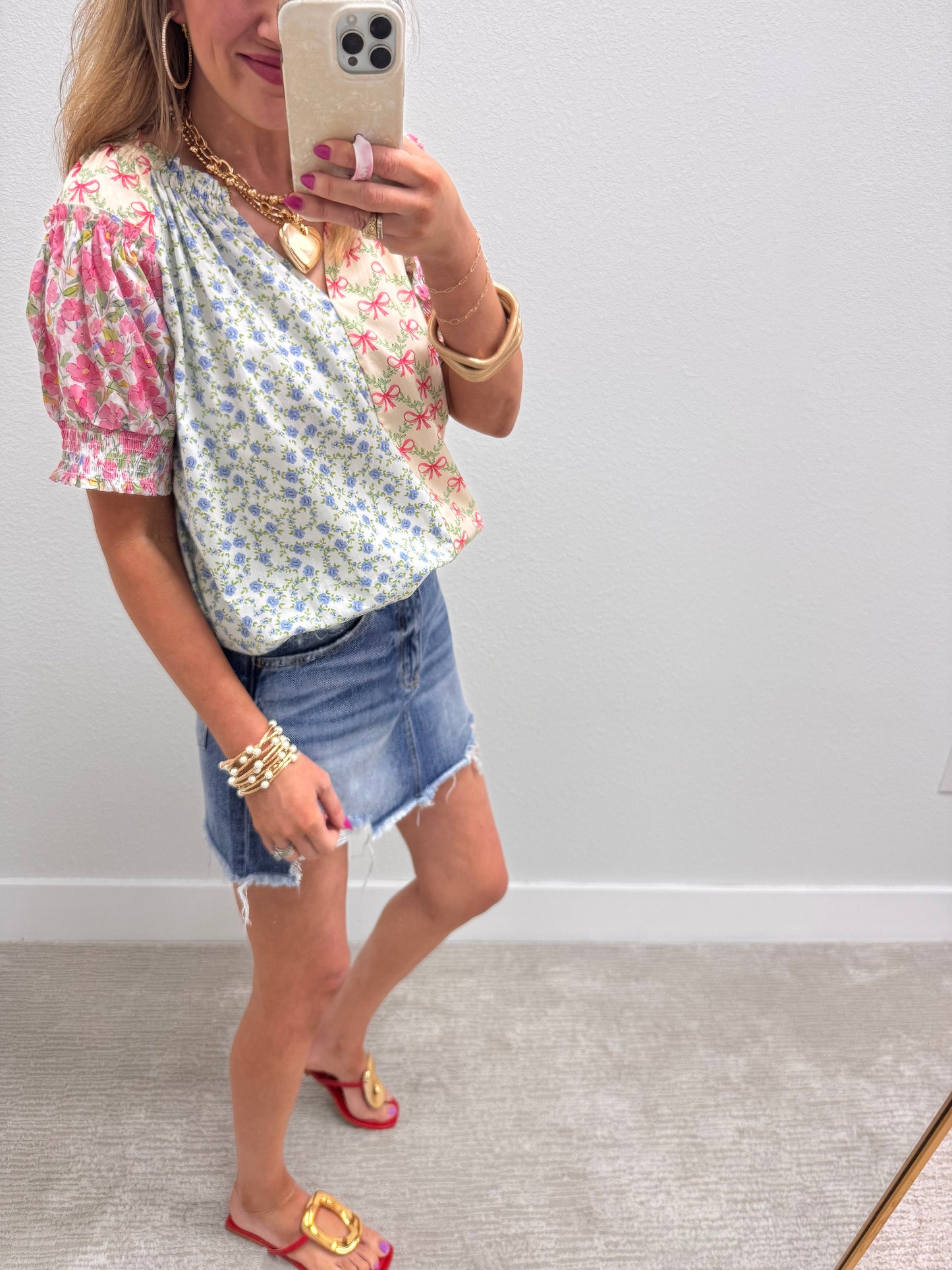 Floral and Bow Prints Mixed Puff Sleeve Top