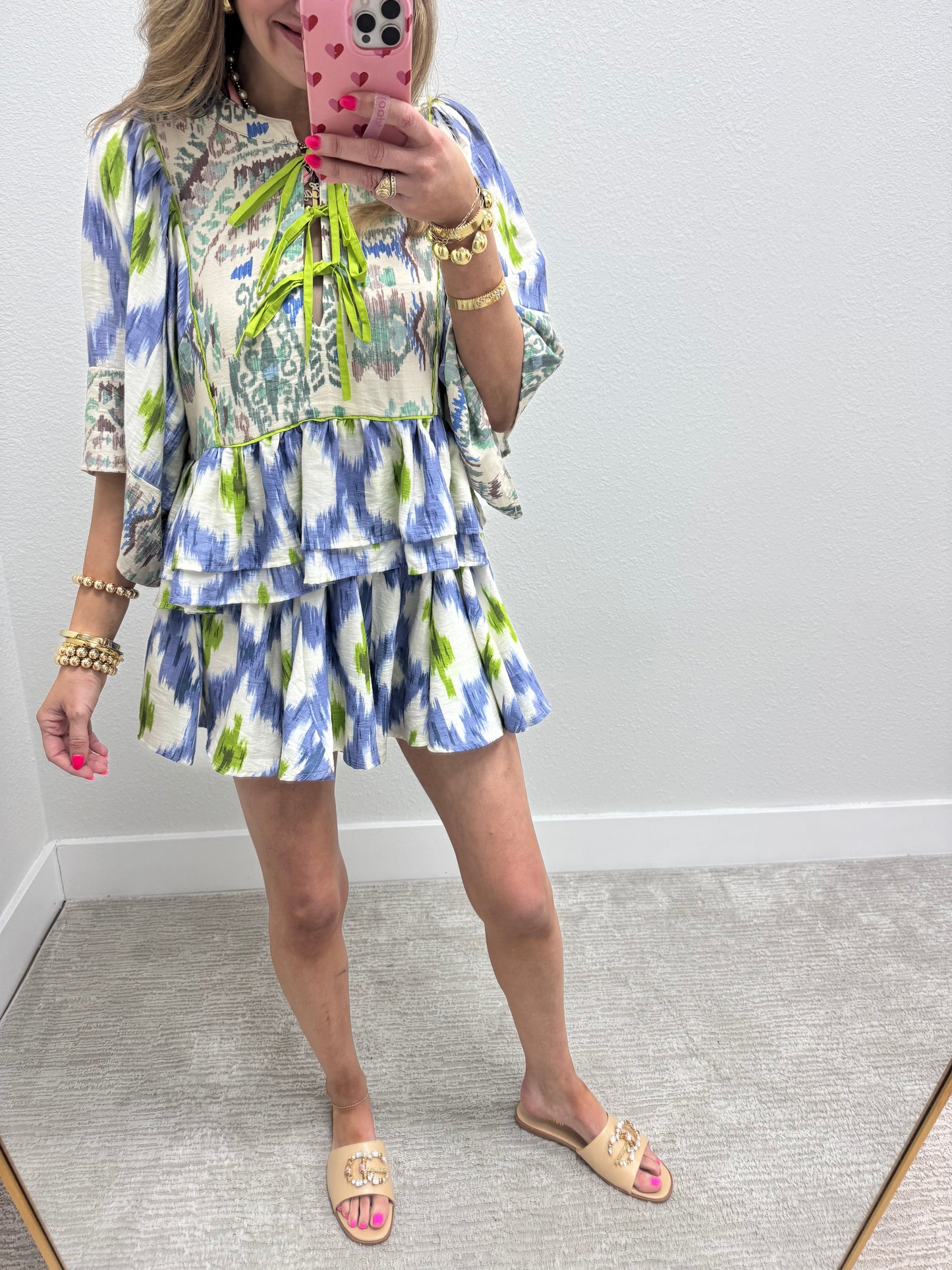 Blue and Green Front Tie Two Piece Short Set